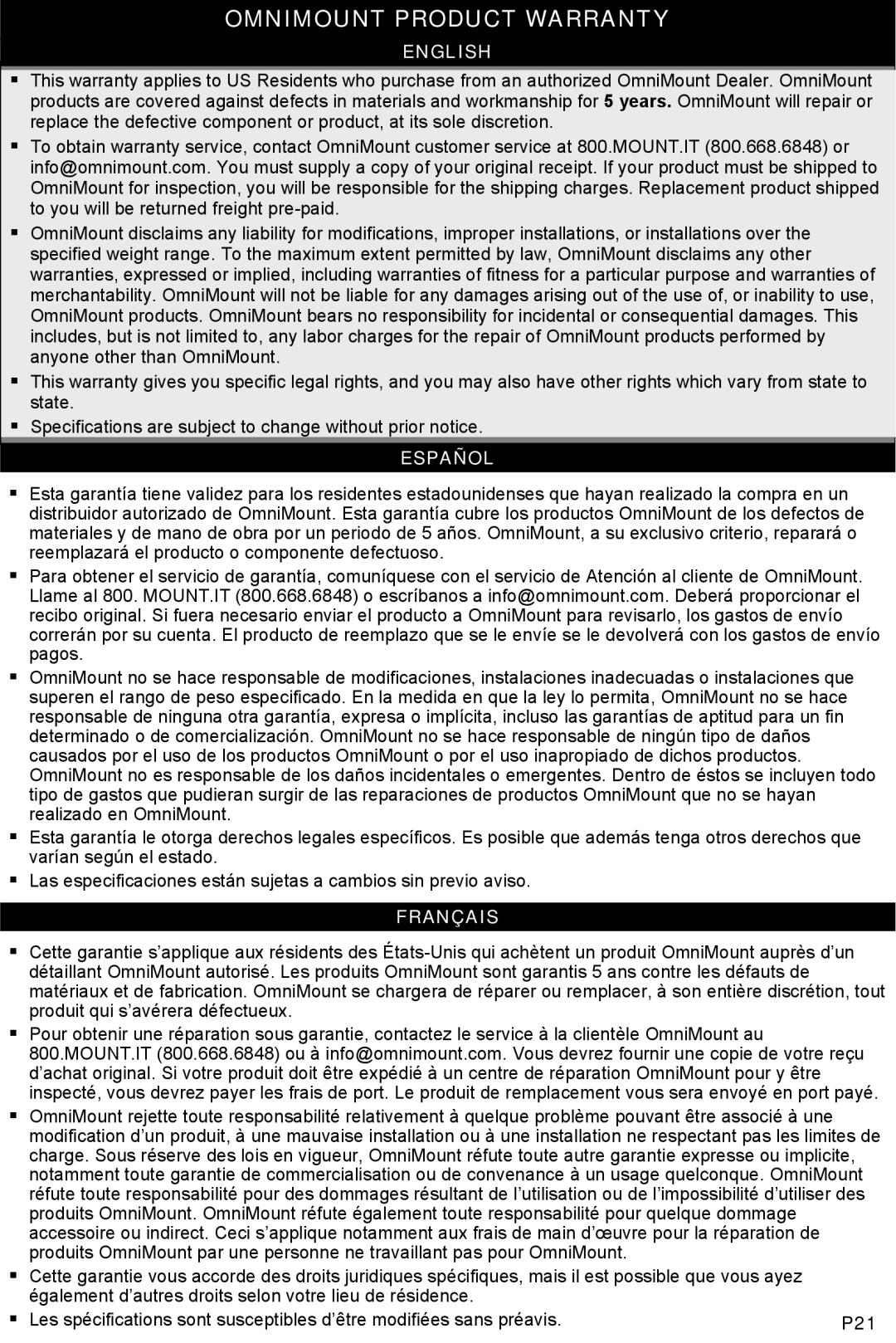 Omnimount MWF16 instruction manual Omnimount Product Warranty, English, Español, Français 