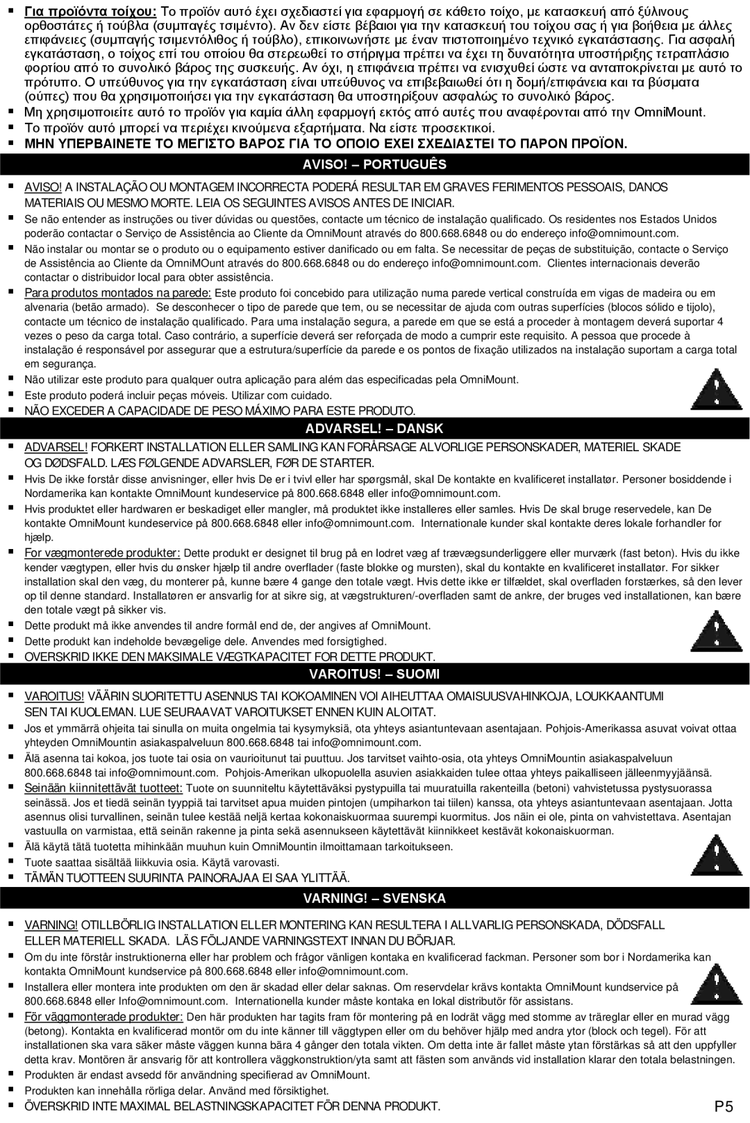 Omnimount MWF16 instruction manual Aviso! - Português, Advarsel! - Dansk, Varoitus! - Suomi, Varning! - Svenska 