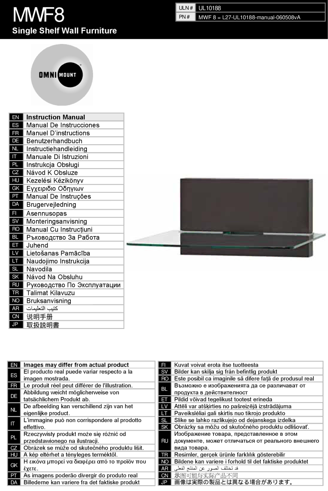 Omnimount UL10188, MWF8 instruction manual Mwf, Single Shelf Wall Furniture 