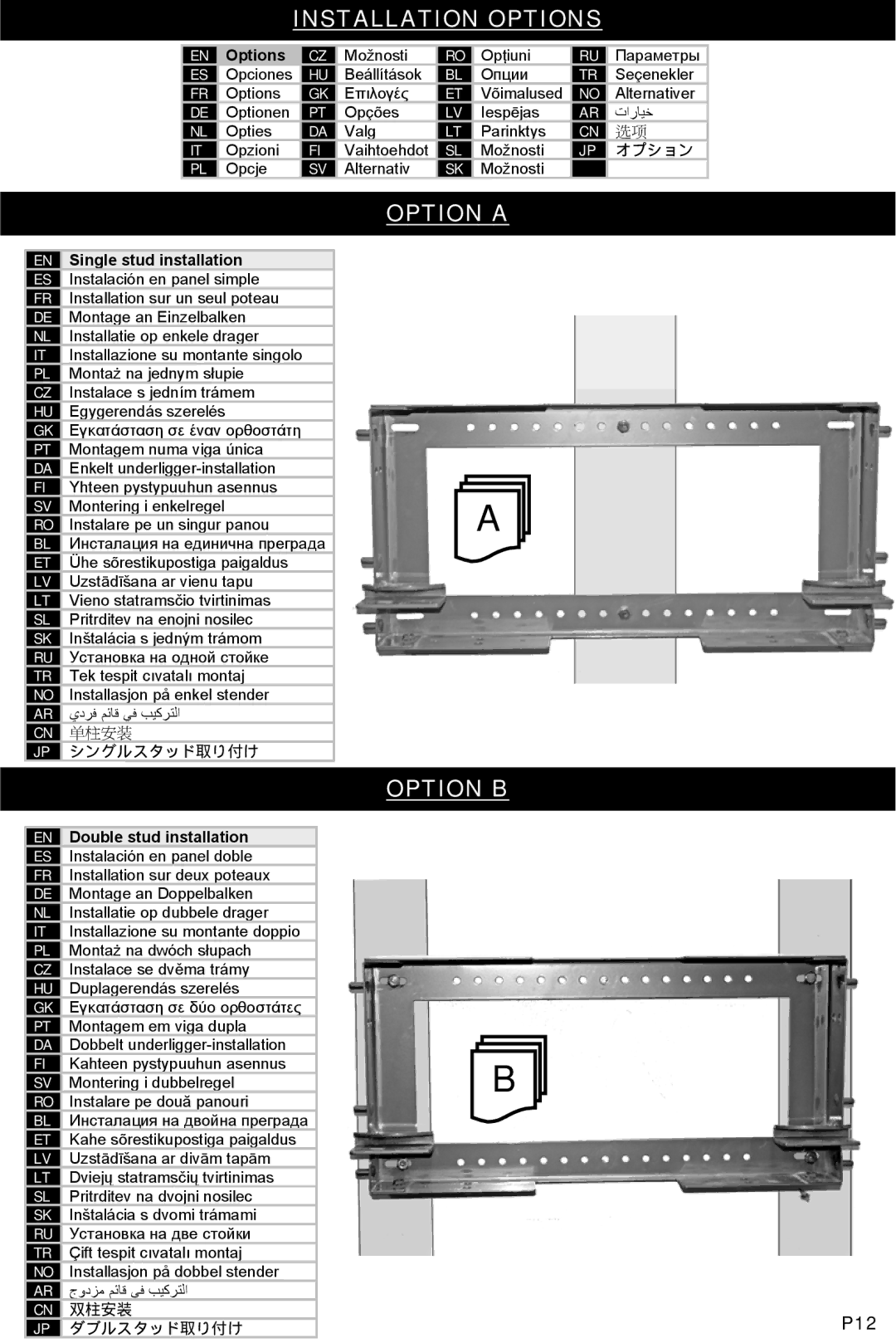 Omnimount MWF8, UL10188 instruction manual Installation Options, Option a, Option B, P12 