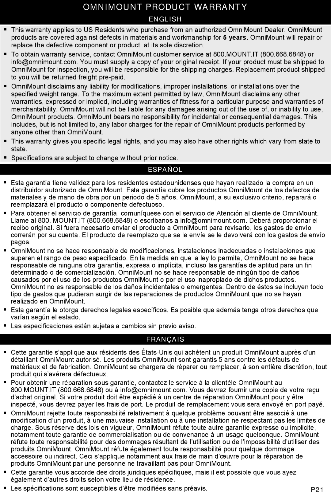 Omnimount UL10188, MWF8 instruction manual Omnimount Product Warranty, P21 