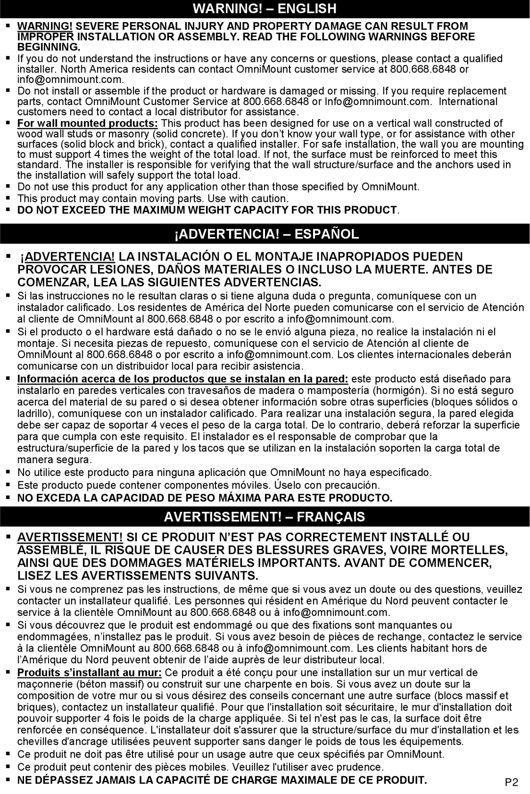 Omnimount MWF8, UL10188 instruction manual Warning! - English, ¡Advertencia! - Español, Avertissement! - Français 