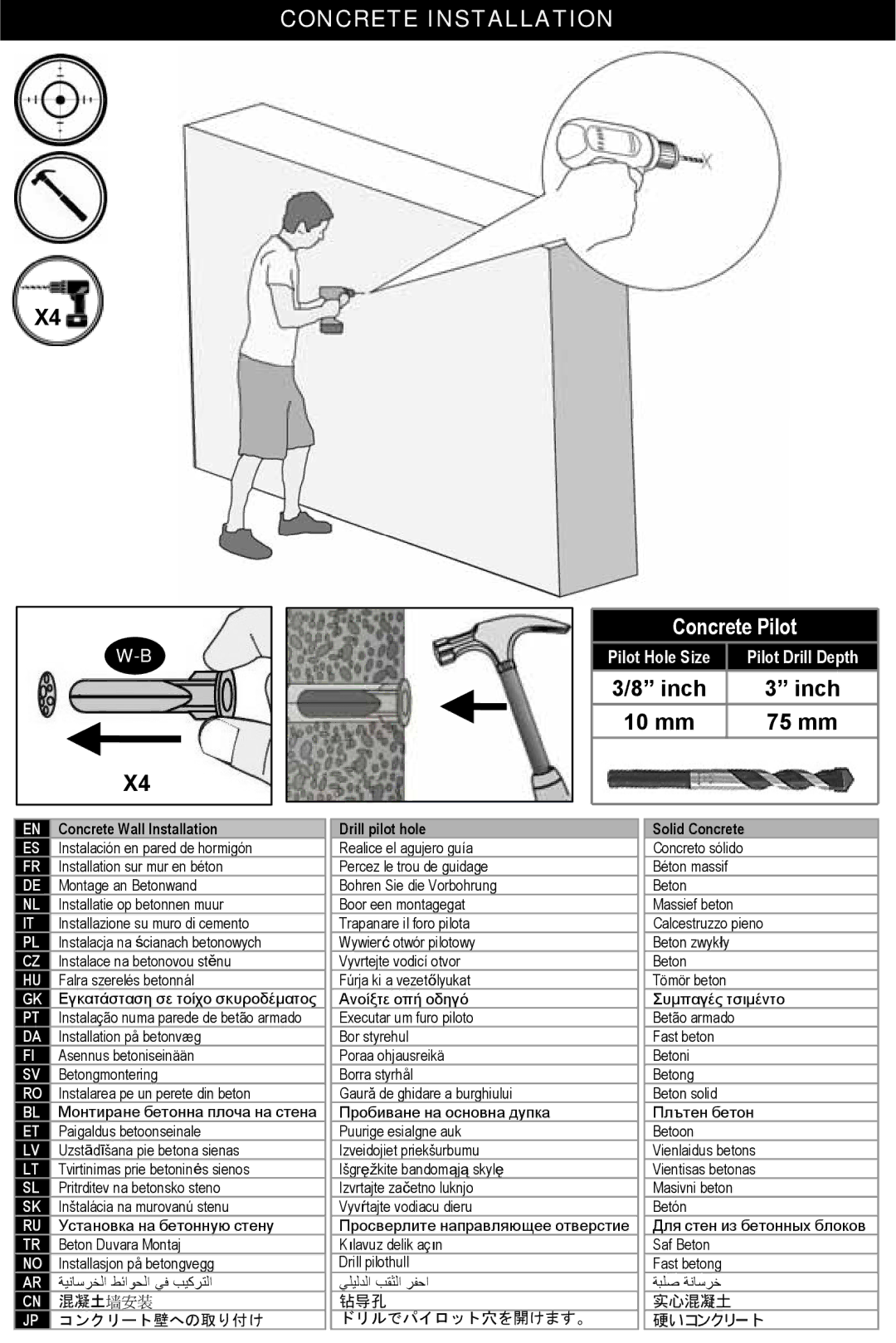 Omnimount NC100C, 1004186 manual Concrete Pilot, Solid Concrete 