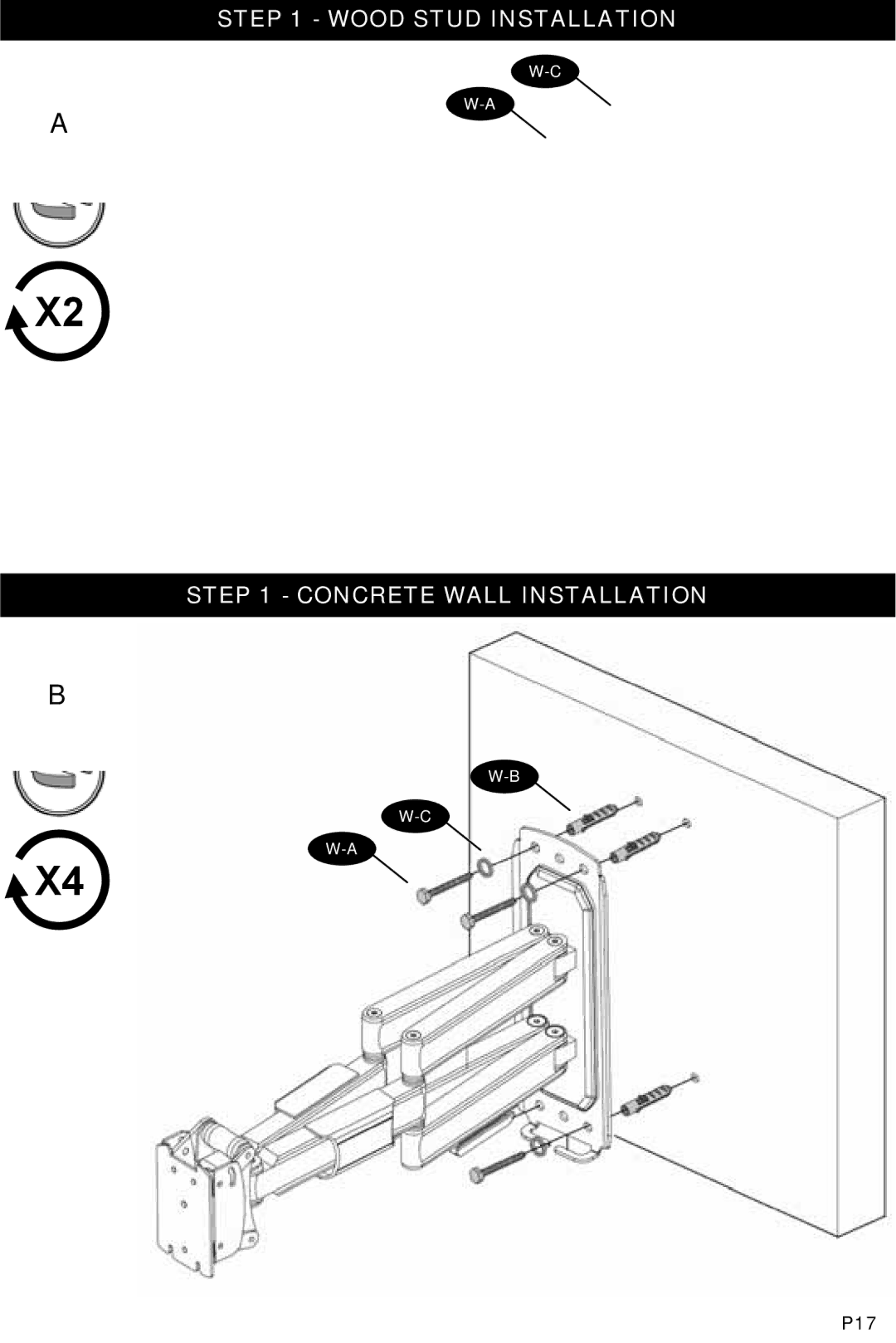 Omnimount 1004186, NC100C manual Wood Stud Installation Concrete Wall Installation 