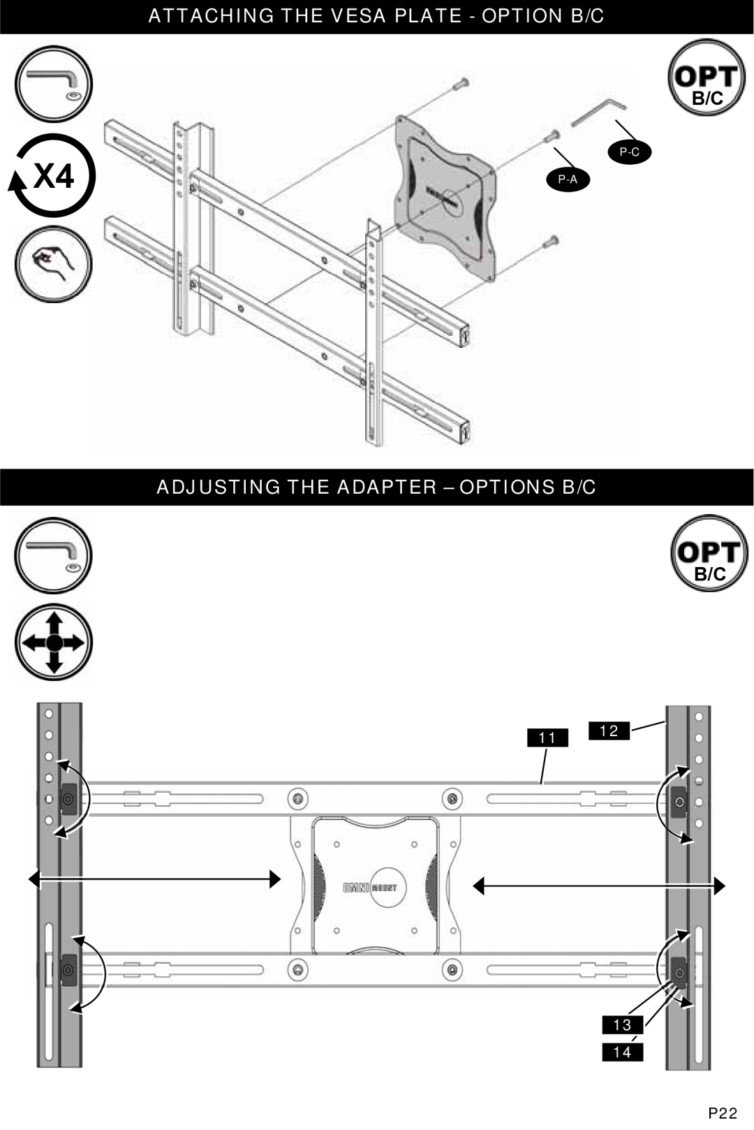 Omnimount NC125CI, 1004164 manual Attaching The Vesa Plate - Option B/C, Adjusting The Adapter - Options B/C 