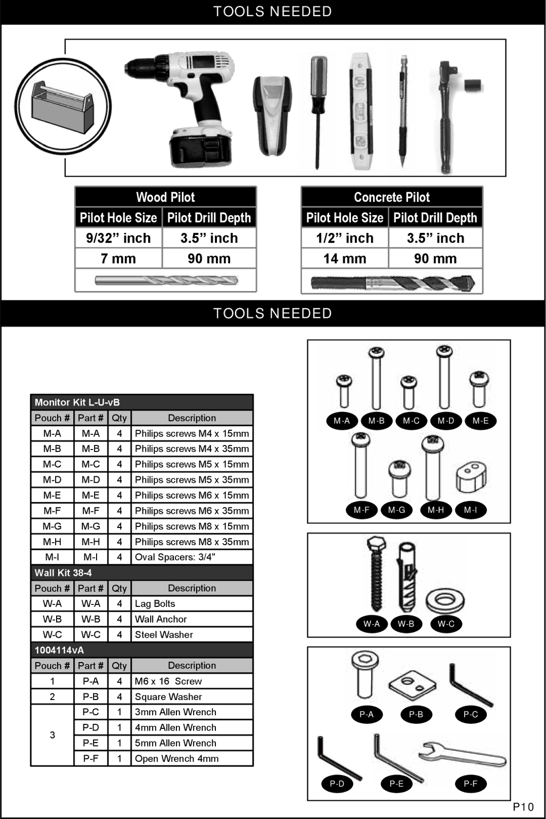 Omnimount NC200C, 1004114 manual Tools Needed, Monitor Kit L-U-vB 