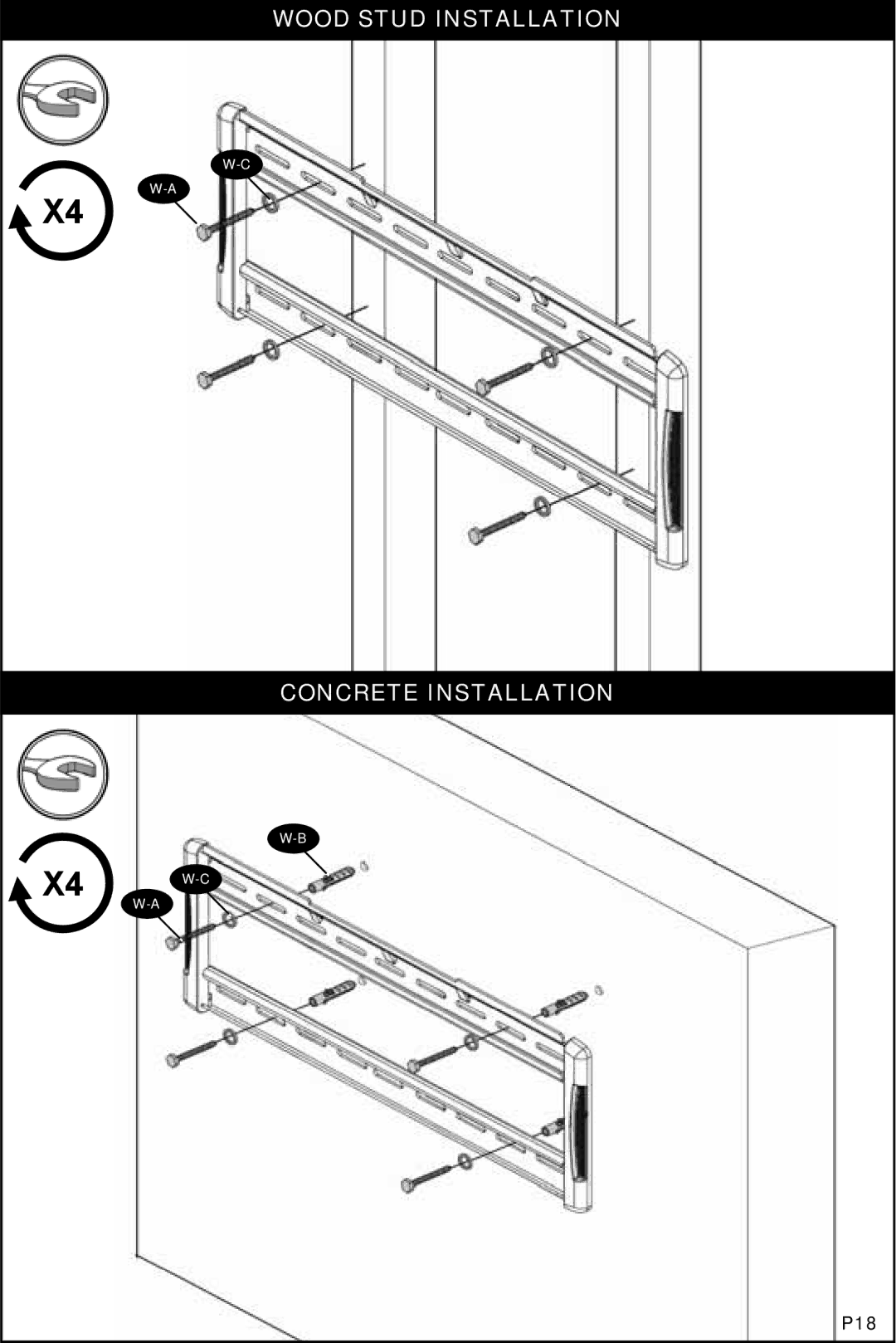 Omnimount NC200C, 1004114 manual Wood Stud Installation Concrete Installation 