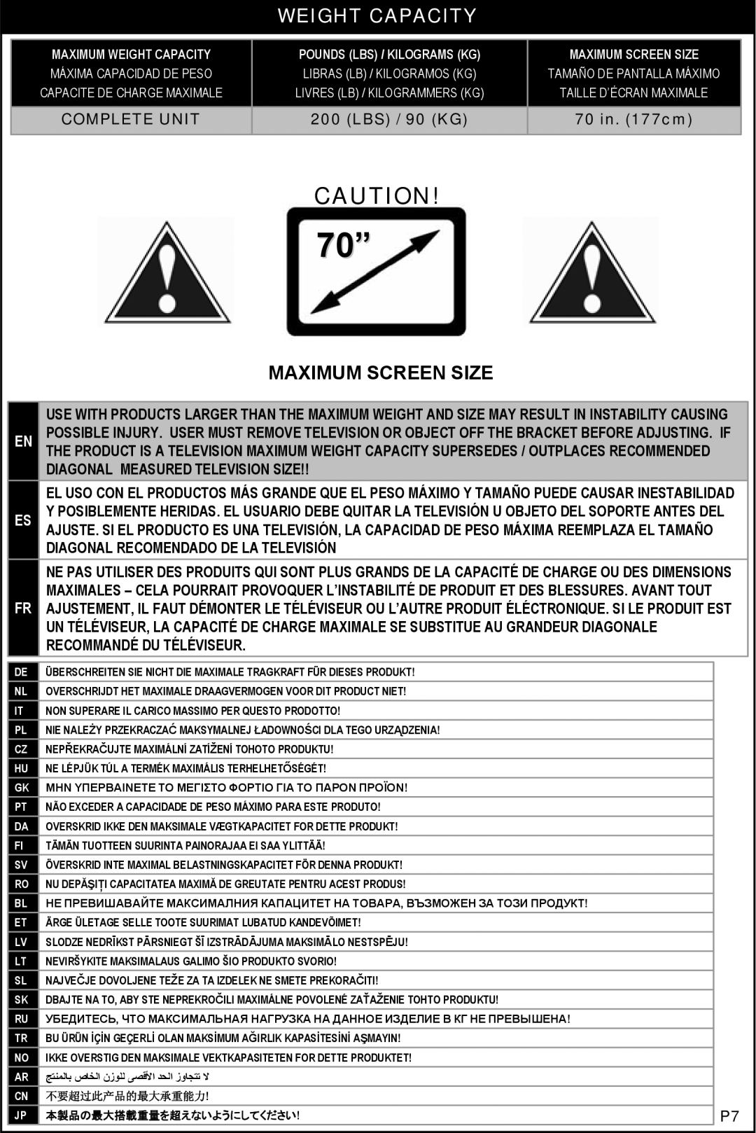 Omnimount 1004114, NC200C manual Weight Capacity, Maximum Screen Size 