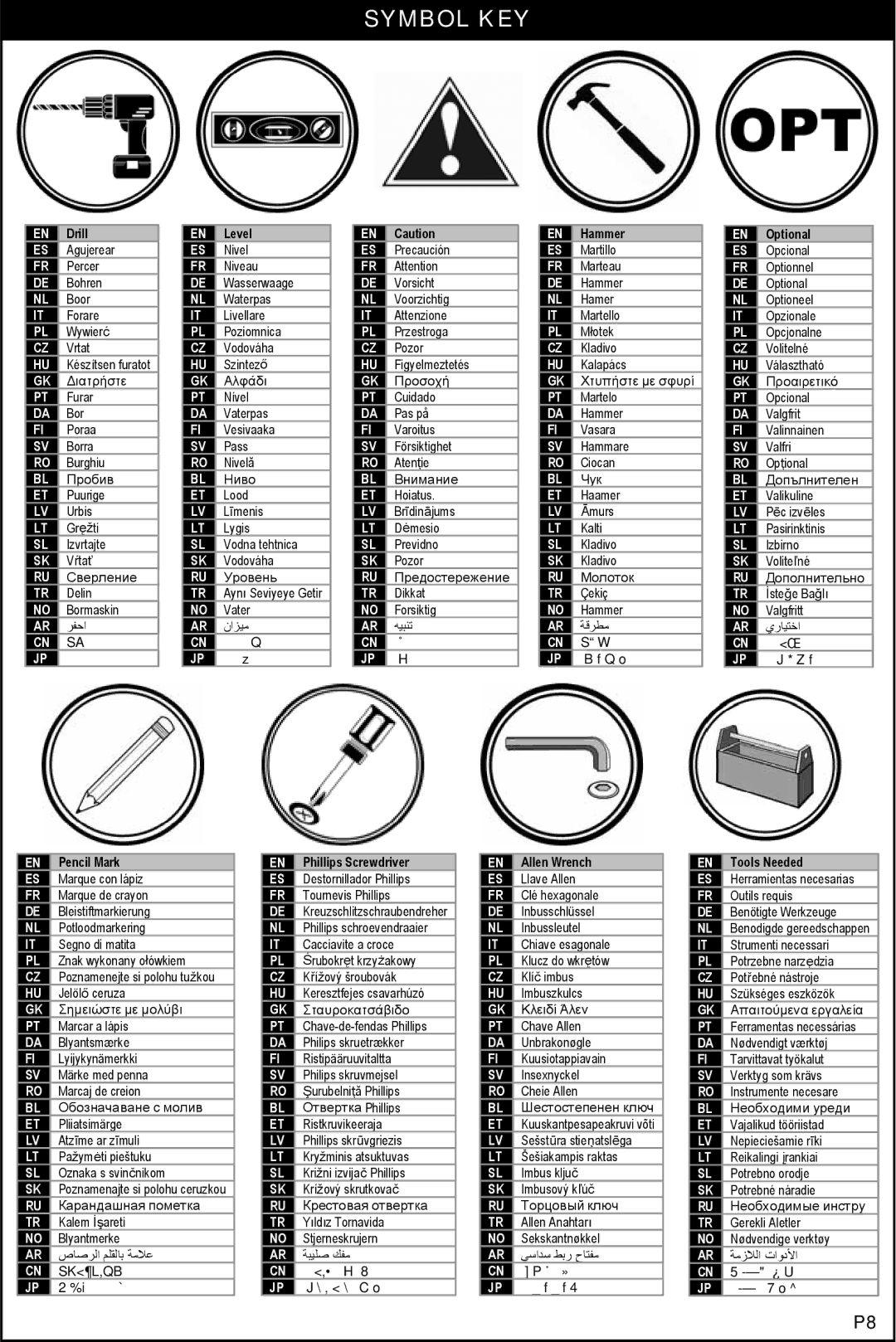 Omnimount NC200C, 1004114 manual Symbol KEY, 水平 调整 水平器 ハンマー オプション 