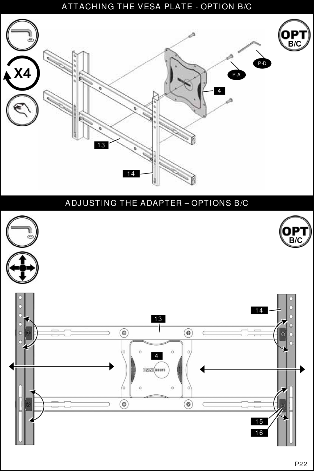 Omnimount NC200C, 1004114 manual Attaching The Vesa Plate - Option B/C, Adjusting The Adapter - Options B/C 