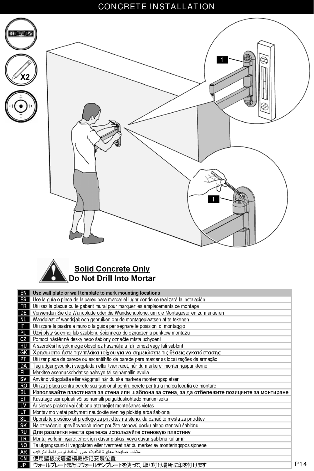 Omnimount NC30C manual Concrete Installation, Solid Concrete Only Do Not Drill Into Mortar 