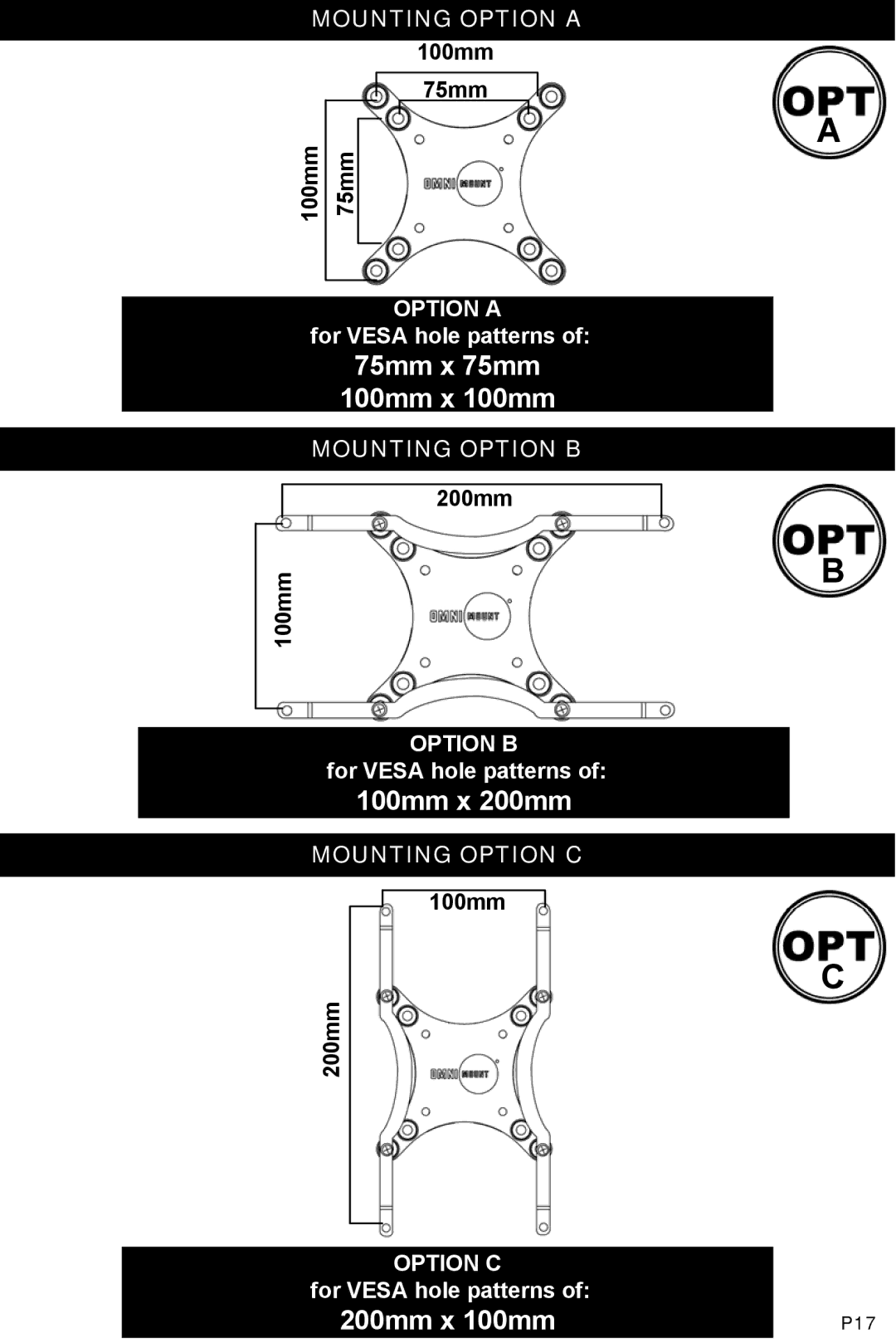 Omnimount NC30C manual Mounting Option a, Mounting Option B, Mounting Option C 