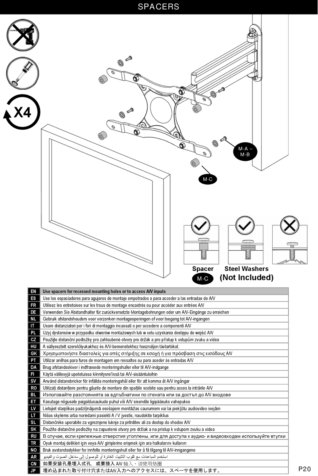 Omnimount NC30C manual Spacers 