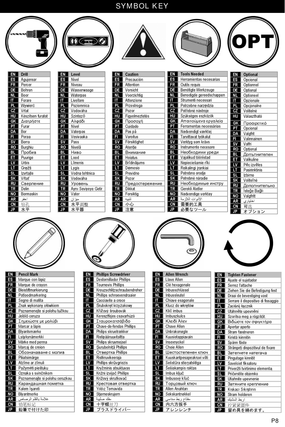 Omnimount NC30C manual Symbol KEY, 水平 调整 需要的工具 水平器 必要なツール オプション 