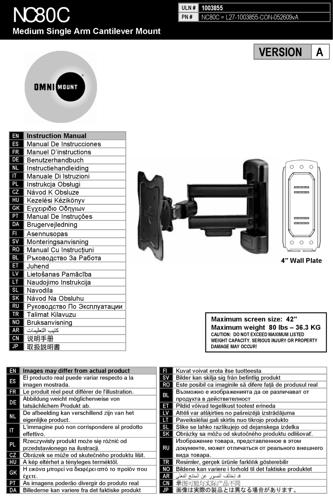 Omnimount 1003855, NC80C manual Pn #, Images may differ from actual product 