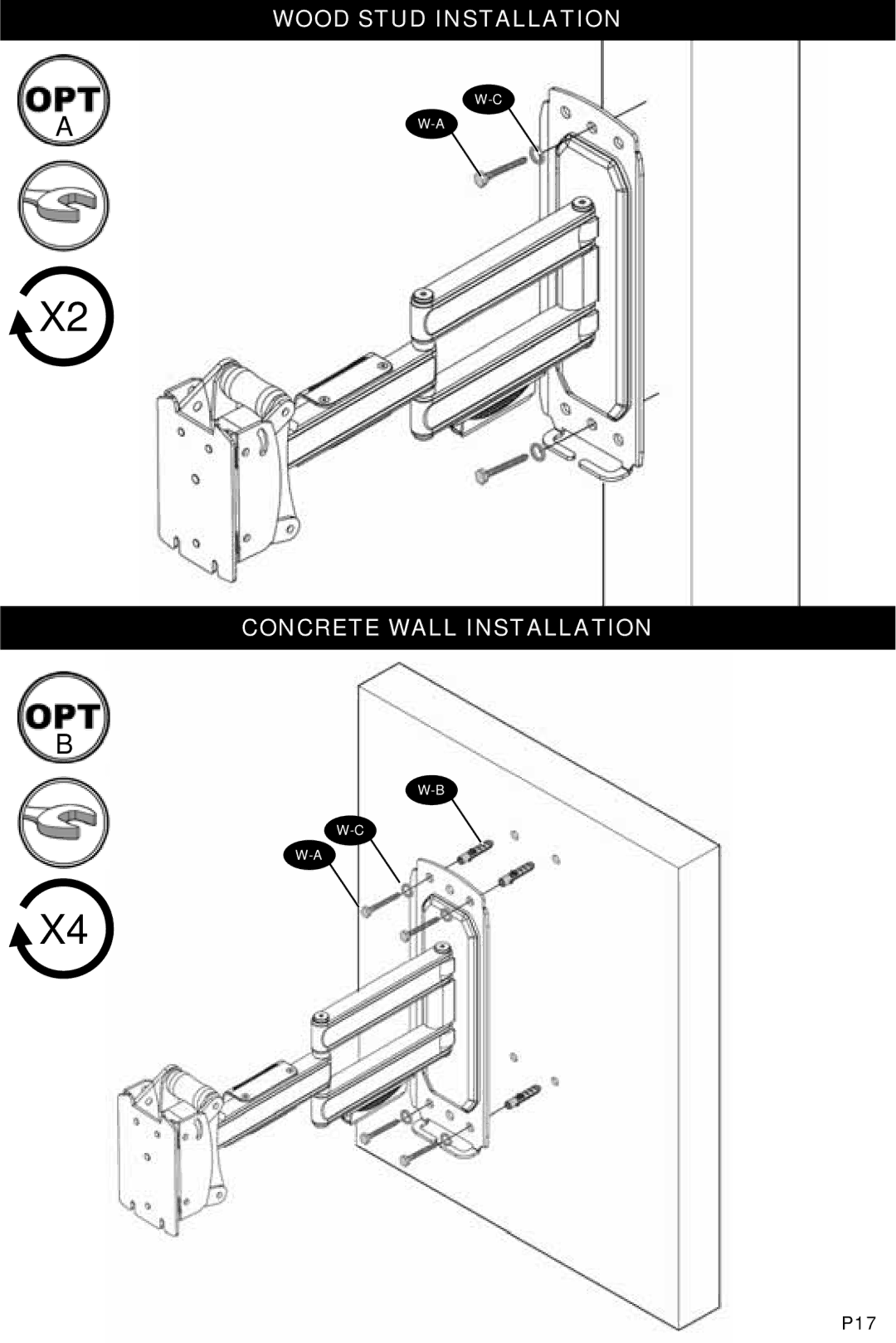 Omnimount 1003855, NC80C manual Wood Stud Installation Concrete Wall Installation 