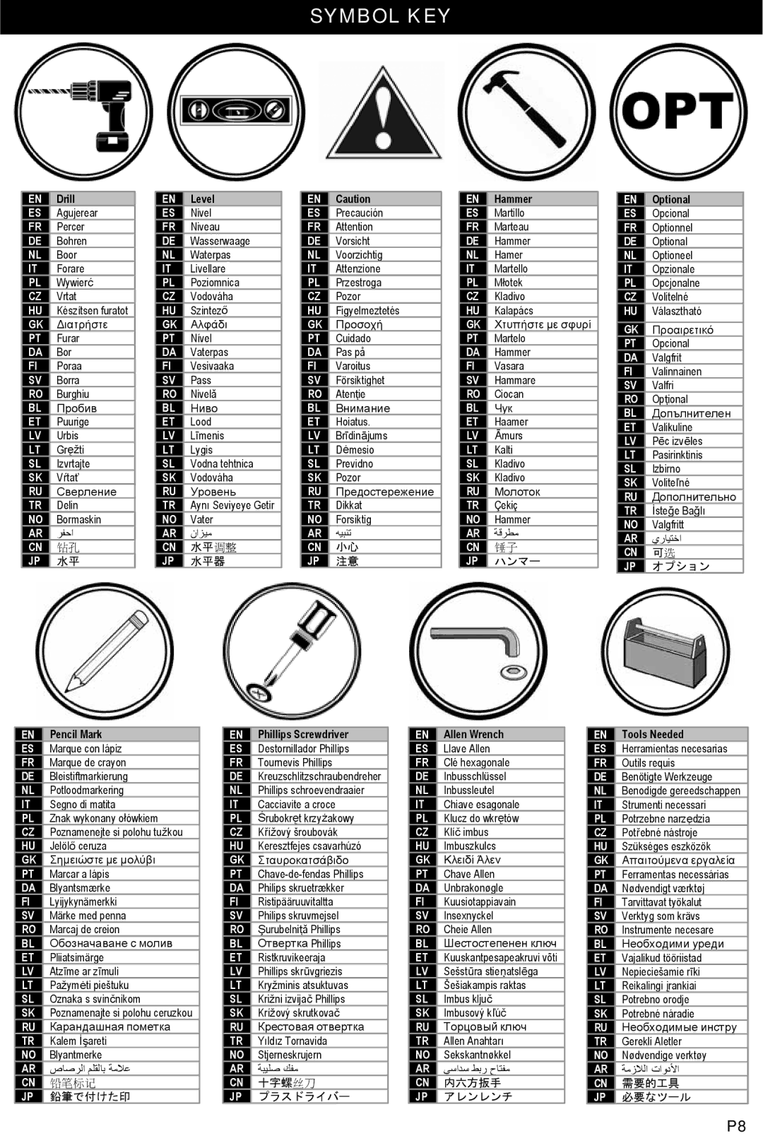 Omnimount NC80C, 1003855 manual Symbol KEY, 水平 调整 水平器 ハンマー オプション 