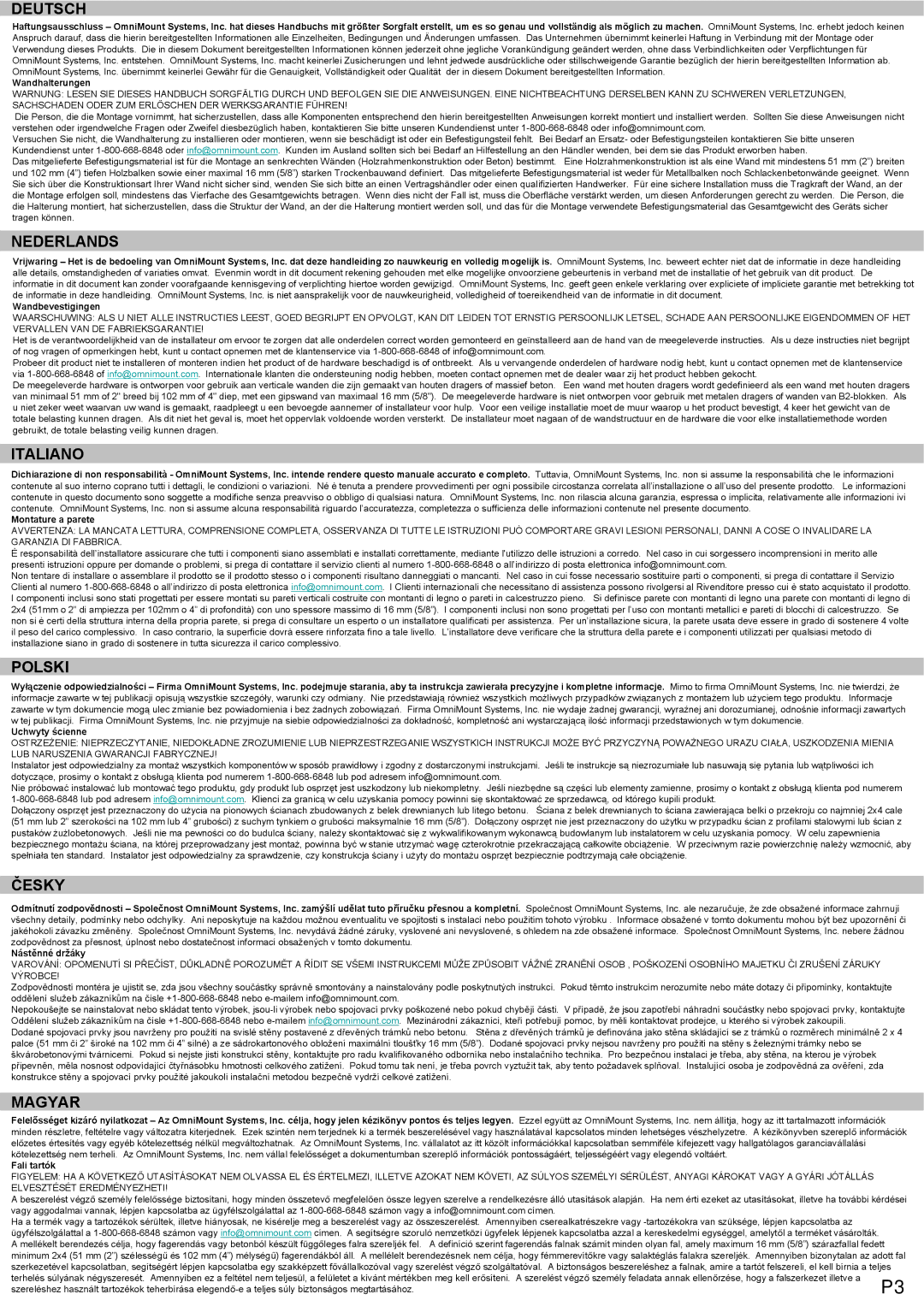 Omnimount NCLP120F manual Deutsch, Nederlands, Italiano, Polski, Česky, Magyar 