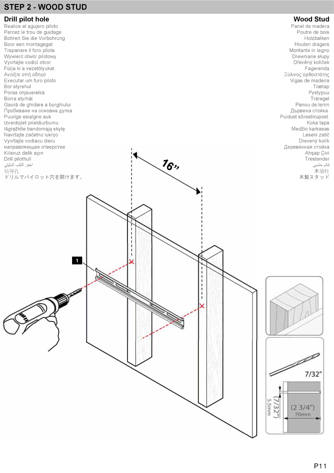 Omnimount NCLP60F manual Drill pilot hole Wood Stud 