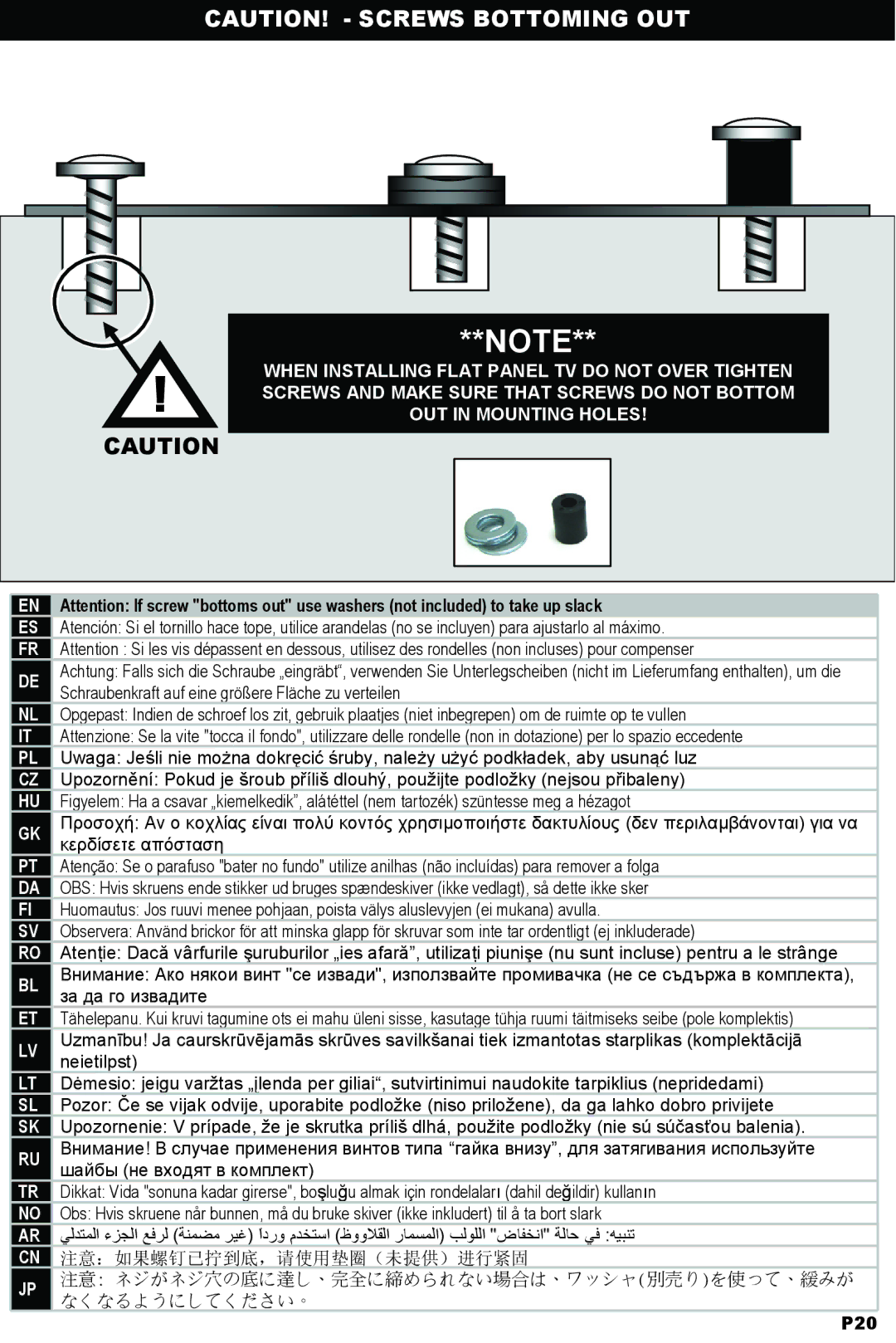 Omnimount OL125 C instruction manual 注意：如果螺钉已拧到底，请使用垫圈（未提供）进行紧固 