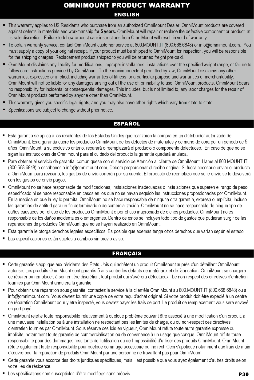 Omnimount OL125 C instruction manual Omnimount Product Warranty, English 