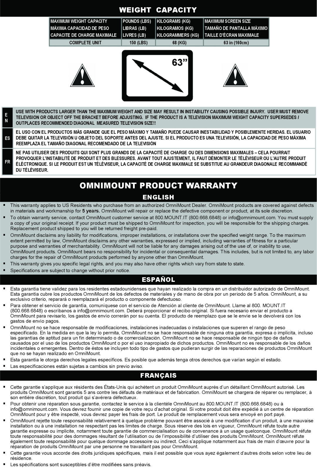 Omnimount OL150F, 10322 manual Omnimount Product Warranty, Weight Capacity, English, Español, Français 