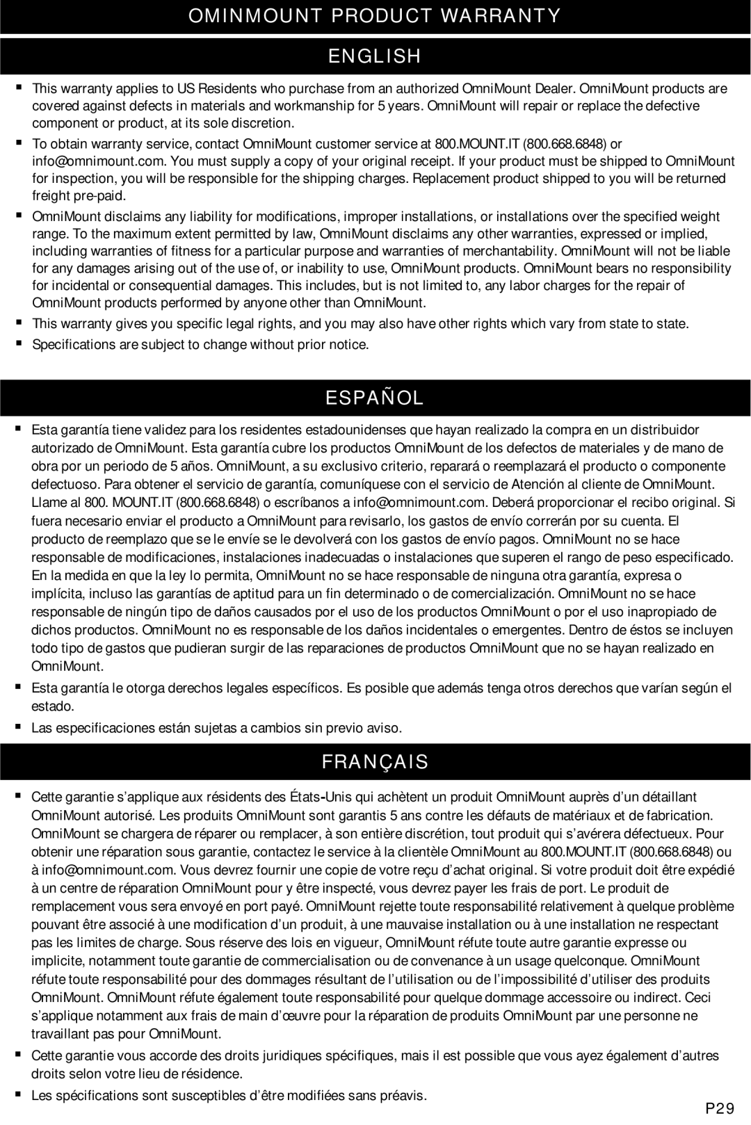 Omnimount OM10015 instruction manual Ominmount Product Warranty English, Español, Français 