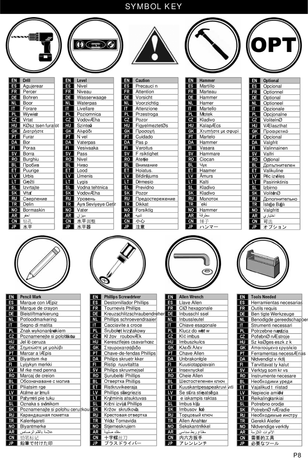 Omnimount OM10017 instruction manual Symbol KEY, 水平 调整 水平器 ハンマー オプション 