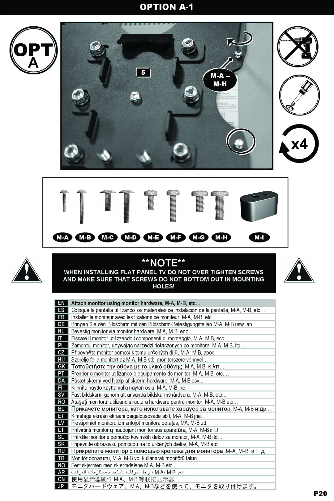 Omnimount OM10018 instruction manual Option A-1, Attach monitor using monitor hardware, M-A, M-B, etc… 