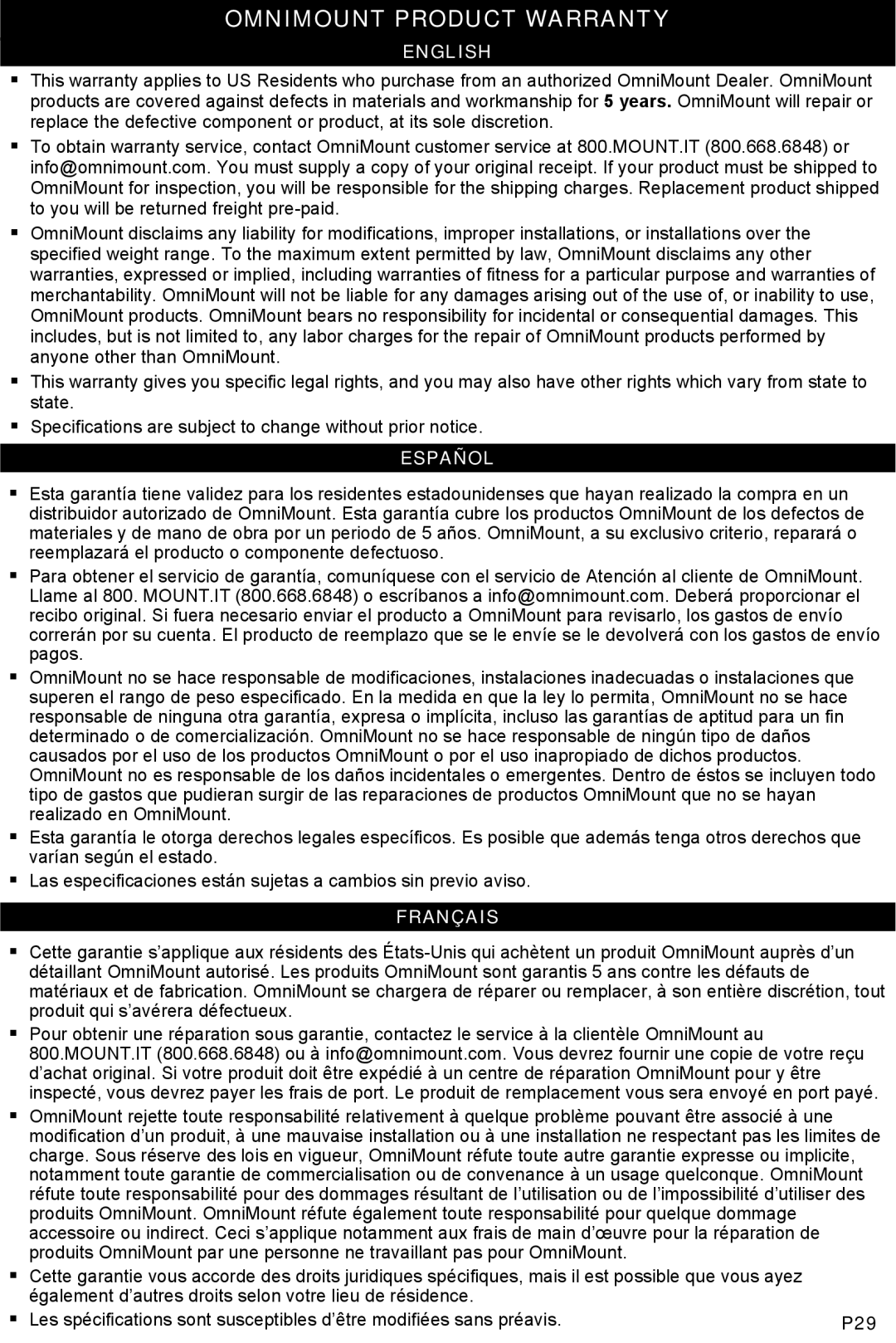 Omnimount OM10019 manual Omnimount Product Warranty 