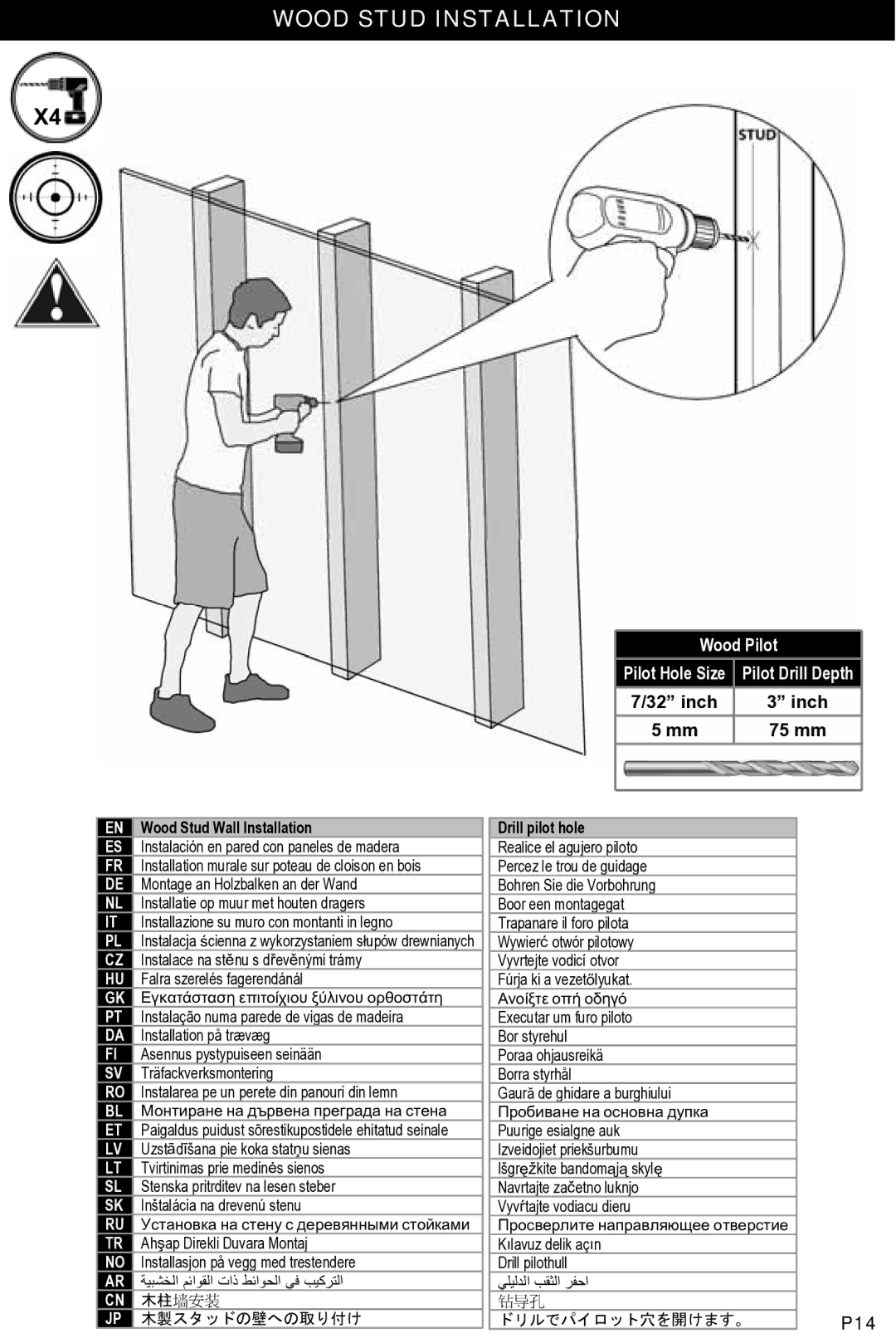 Omnimount OM1004461, NC80-T manual Wood Stud Wall Installation, Drill pilot hole 