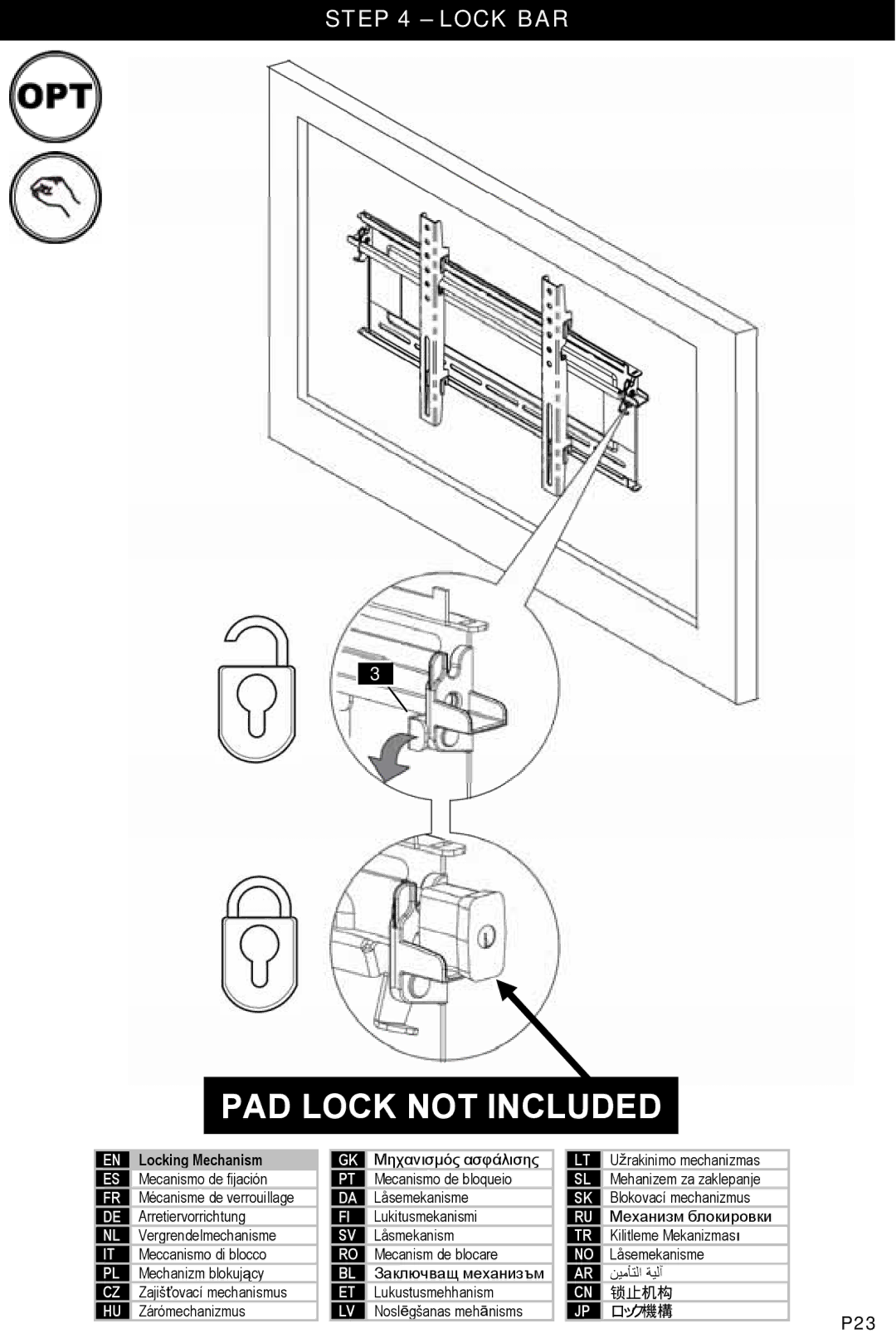 Omnimount NC200-F, OM1004462 manual PAD Lock not Included, Lock BAR 