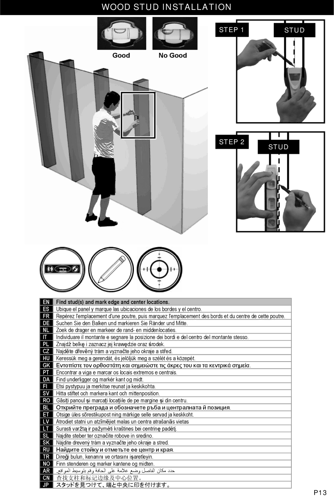 Omnimount 1N1-M, OM10056 manual Wood Stud Installation, Find studs and mark edge and center locations 