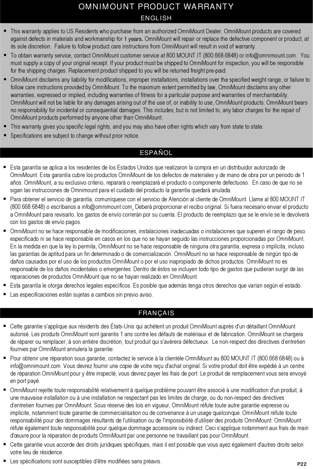 Omnimount OM10103, ECS instruction manual Omnimount Product Warranty, English 