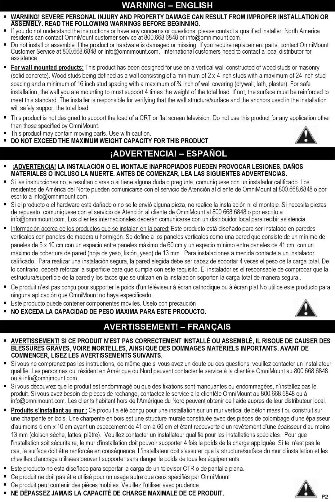 Omnimount OM10103, ECS instruction manual Warning! - English, ¡Advertencia! - Español, Avertissement! - Français 
