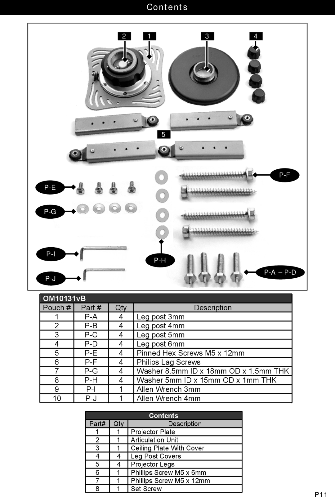 Omnimount 3N1-PJT, OM10131 instruction manual Contents 