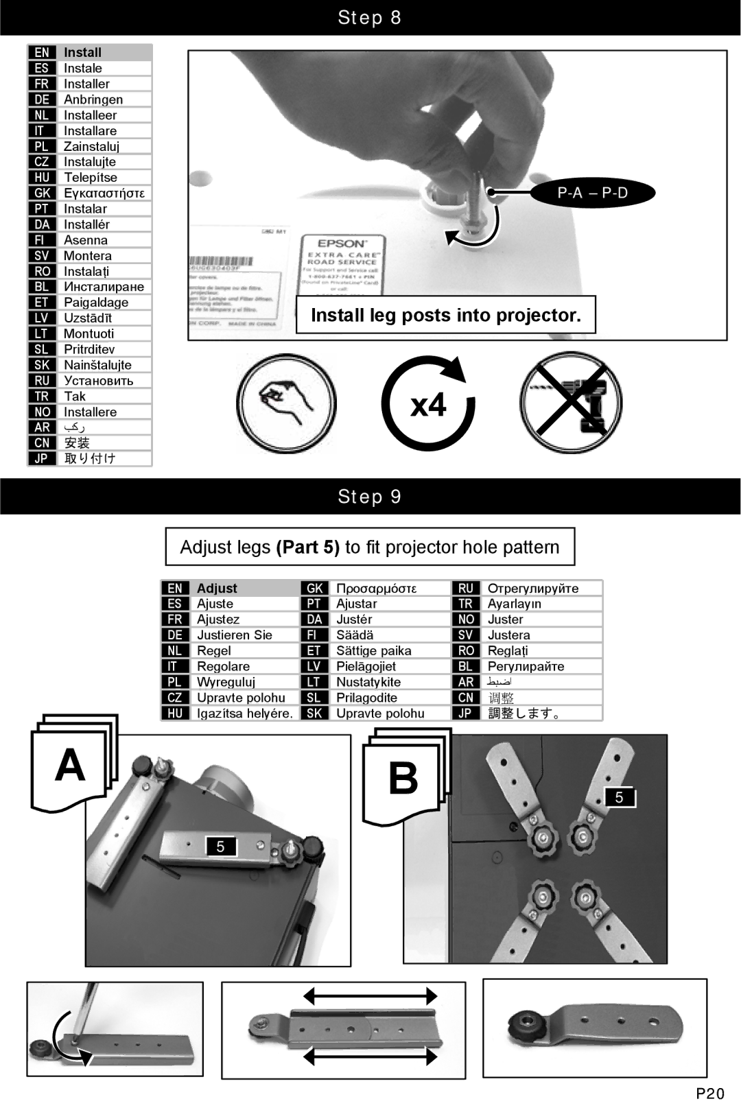 Omnimount OM10131, 3N1-PJT instruction manual Install leg posts into projector 