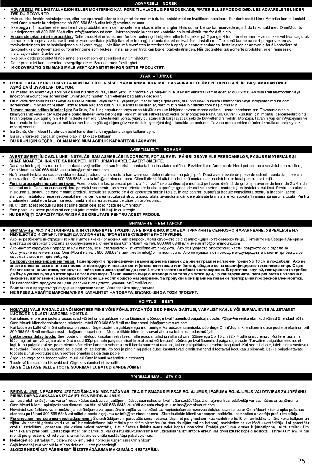 Omnimount 3N1-PJT, OM10131 instruction manual Uyari Türkçe 