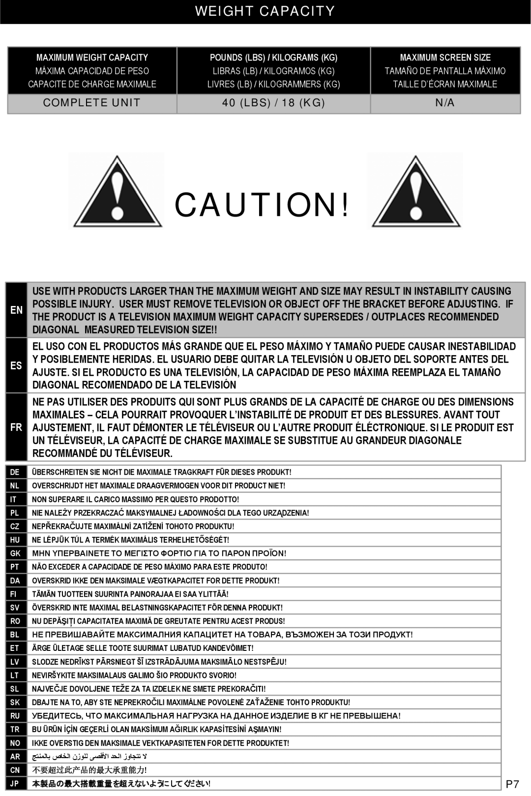 Omnimount 3N1-PJT, OM10131 instruction manual Weight Capacity 