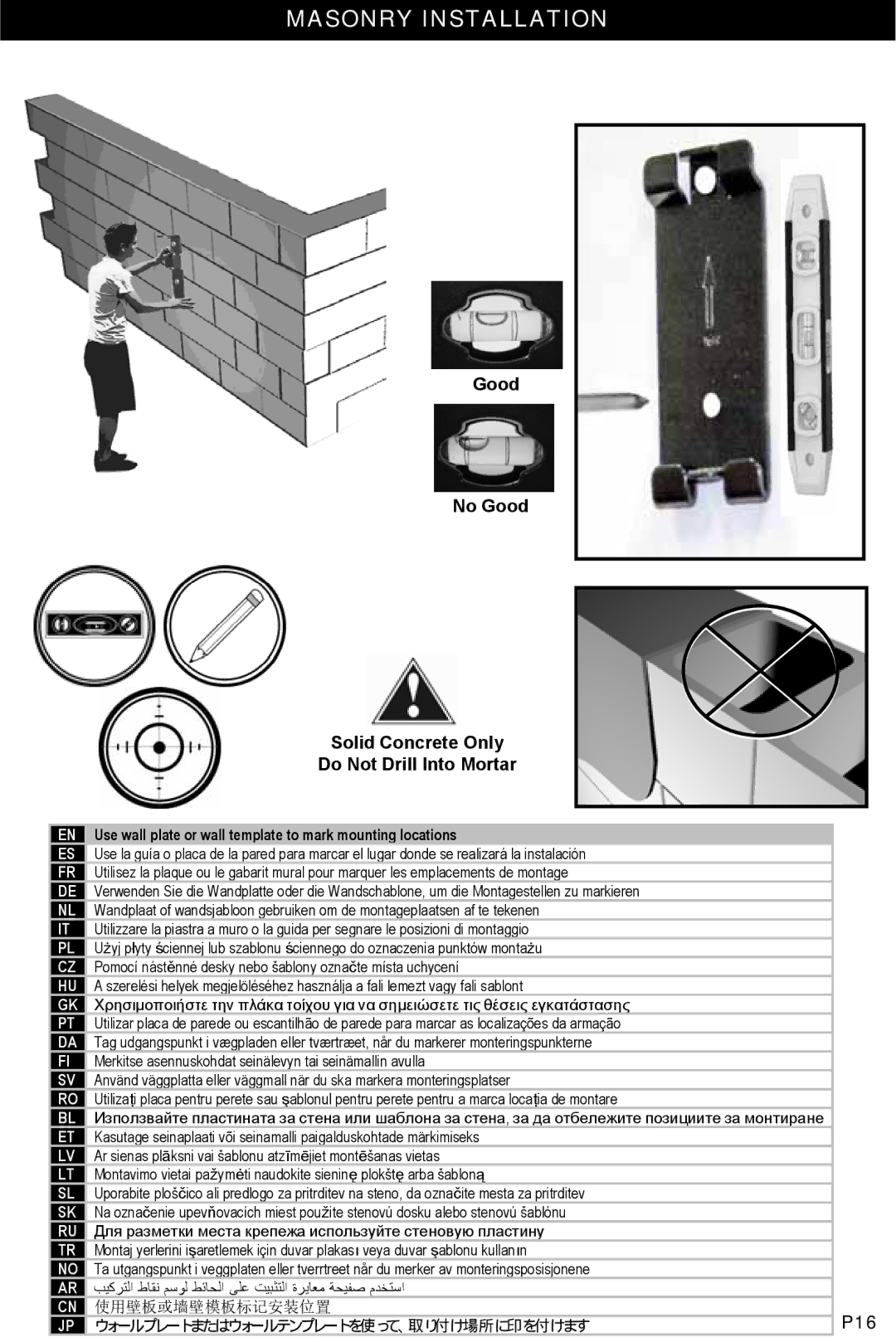 Omnimount OM10324, 1N1-S manual Masonry Installation, Good No Good Solid Concrete Only Do Not Drill Into Mortar 