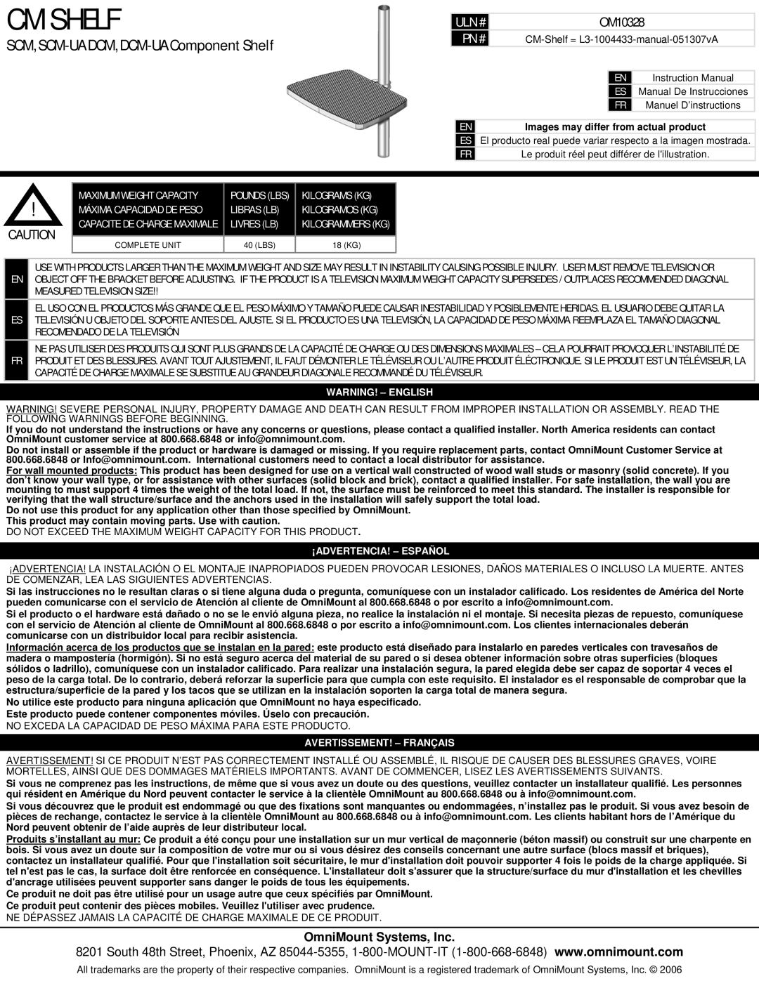 Omnimount CM SHELF dimensions Uln #, OM10328, Pn #, CM-Shelf= L3-1004433-manual-051307vA, Cm Shelf, OmniMount Systems, Inc 