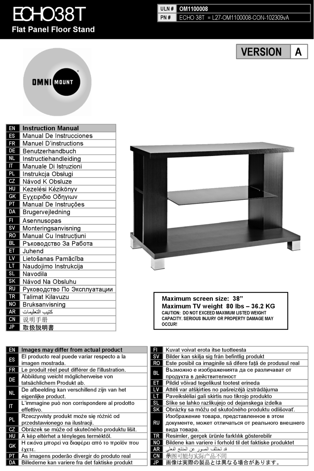 Omnimount ECHO38T, OM1100008 instruction manual Echo 38T 