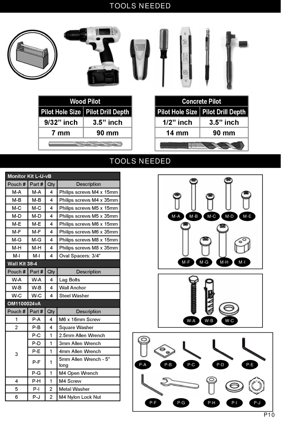 Omnimount OM1100024, NC125C manual Tools Needed, Monitor Kit L-U-vB 