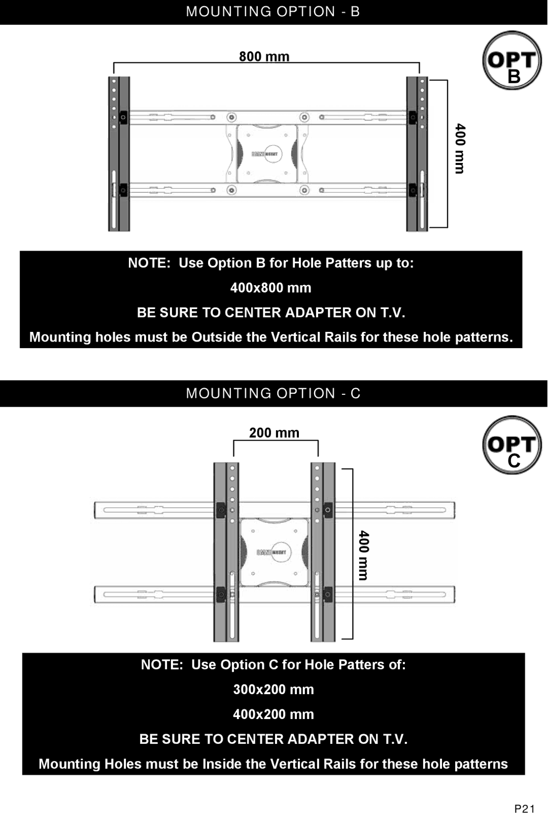 Omnimount NC125C, OM1100024 manual Mounting Option B, Be Sure to Center Adapter on T.V, Mounting Option C 