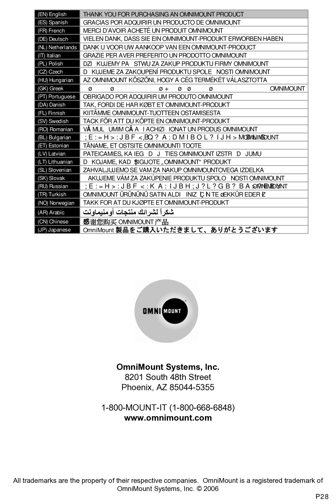 Omnimount OM1100113, OL200FT manual OmniMount Systems, Inc 