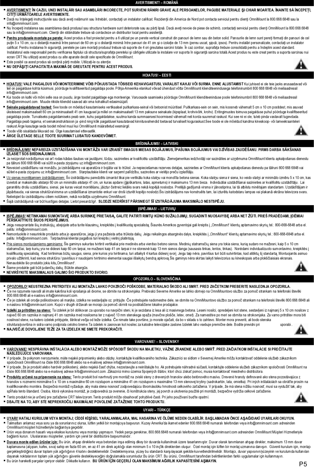 Omnimount OL200FT, OM1100113 manual AVERTISMENT! Română 