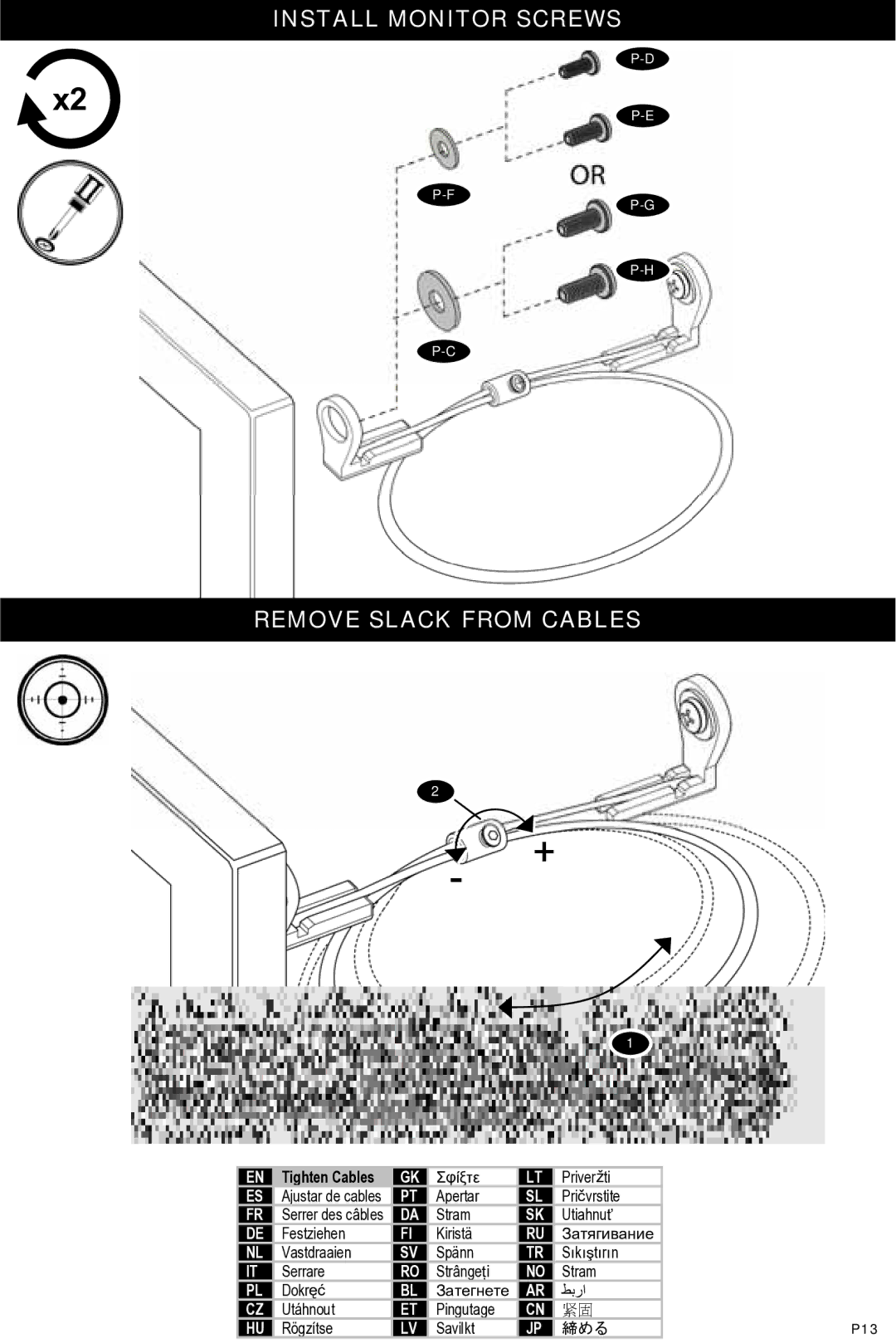 Omnimount OESK, OM1100237 instruction manual Install Monitor Screws, Remove Slack from Cables 