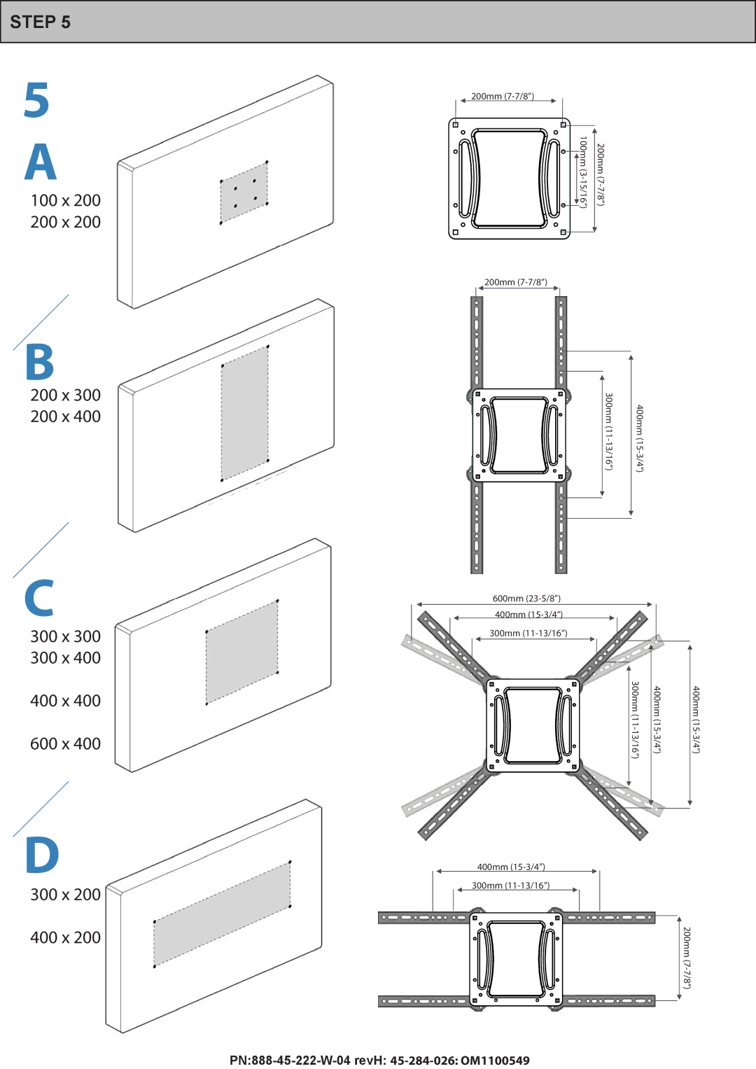 Omnimount PLAY40 manual 100 x 200 x 300 x 400 x 600 x 