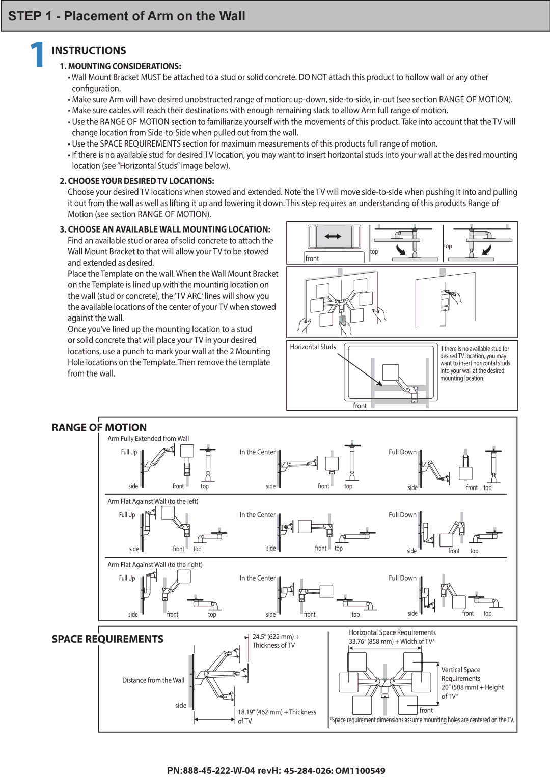 Omnimount PLAY40 manual Placement of Arm on the Wall, Instructions 