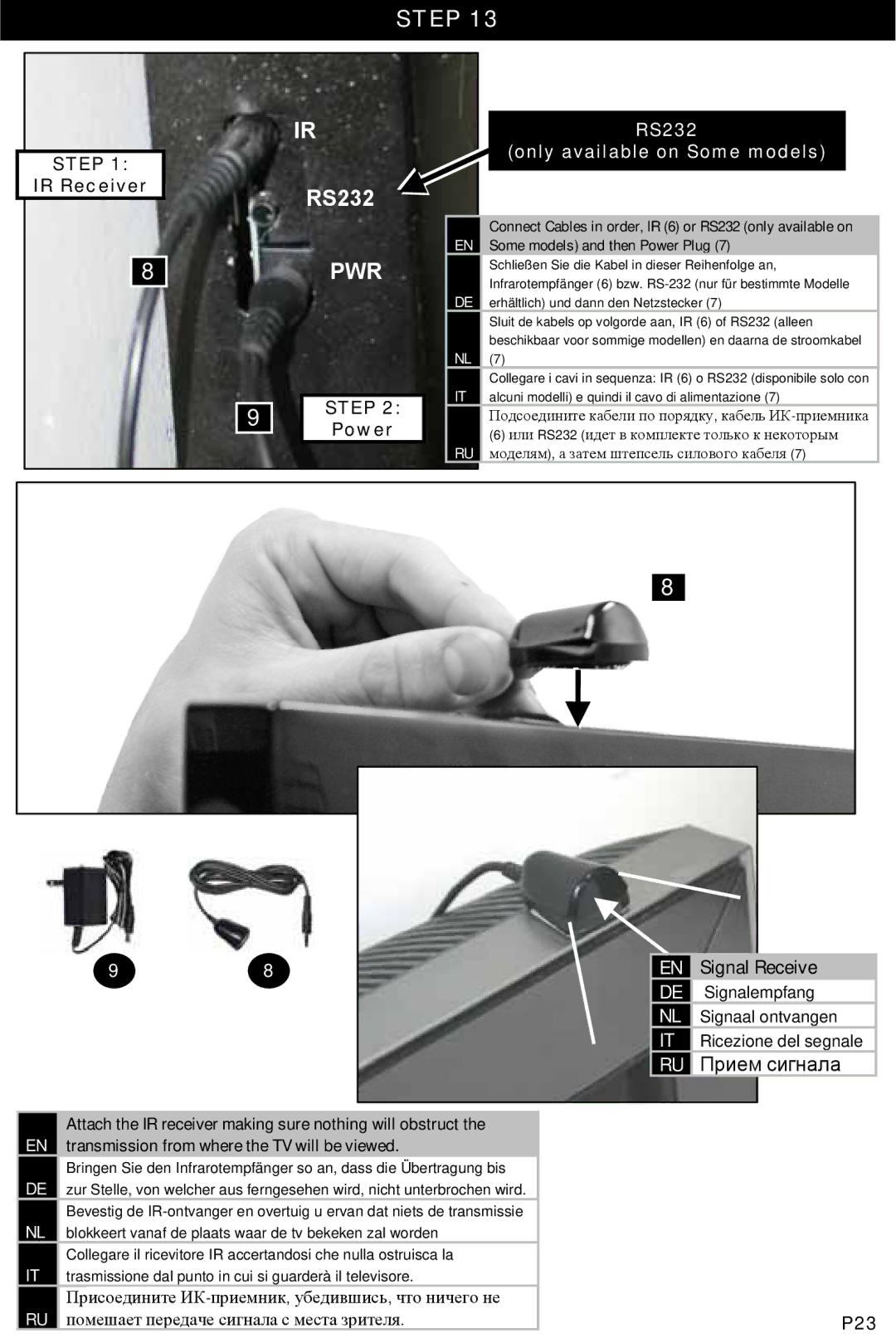 Omnimount 10333 manual Pwr, Connect Cables in order, IR 6 or RS232 only available on, Some models and then Power Plug 